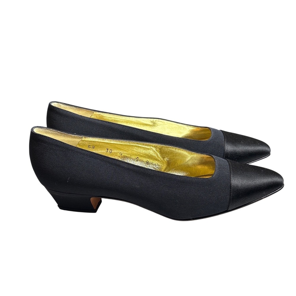 Pancaldi Womens Black Satin Toe Cap Pumps Heels‎ Made in Italy Size 9B Dressy